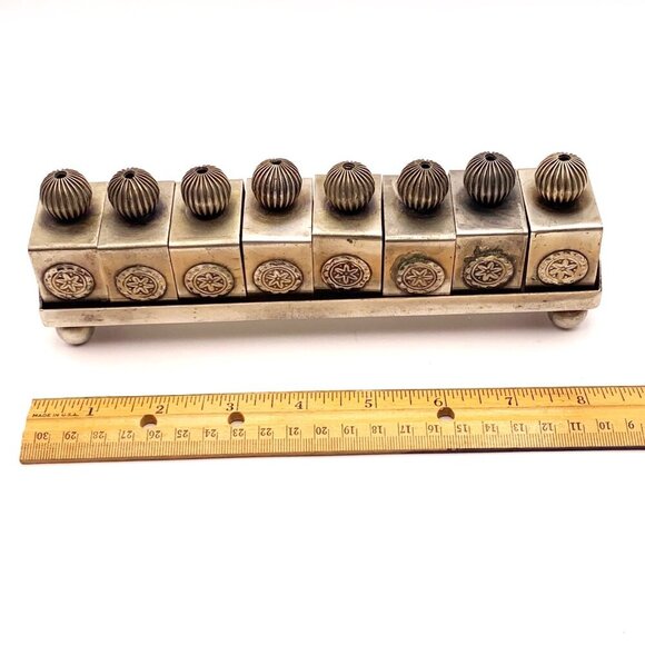 Vintage Square Napkin Rings plus Tray 8 ct. Pewter Embossed Swirl Handle Patina - Picture 6 of 8